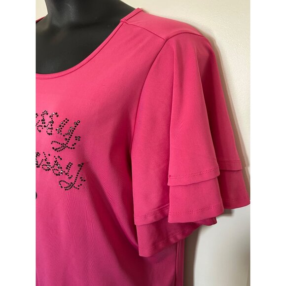 Classy Sassy Pink Top With Sequin Heel Graphic & Flutter Sleeves  SIZE 22 - Picture 4 of 9